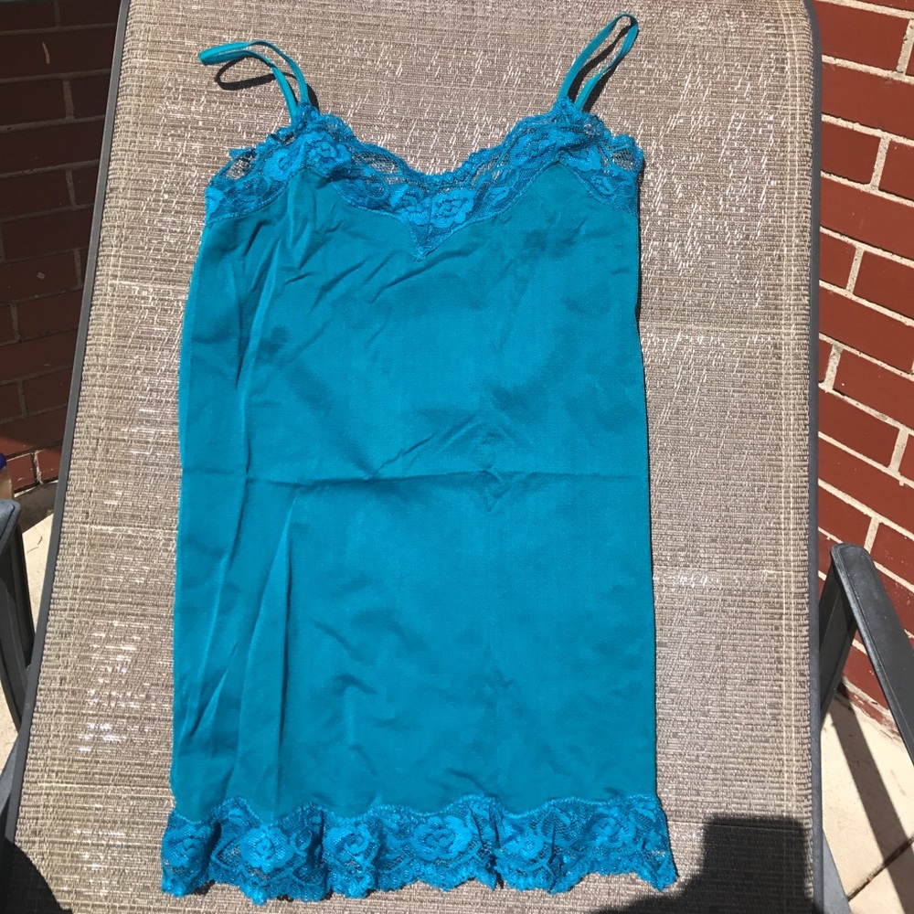 Blue silk like with lace tank top