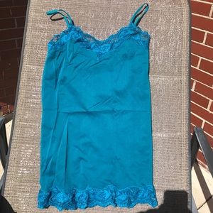 Blue silk like with lace tank top