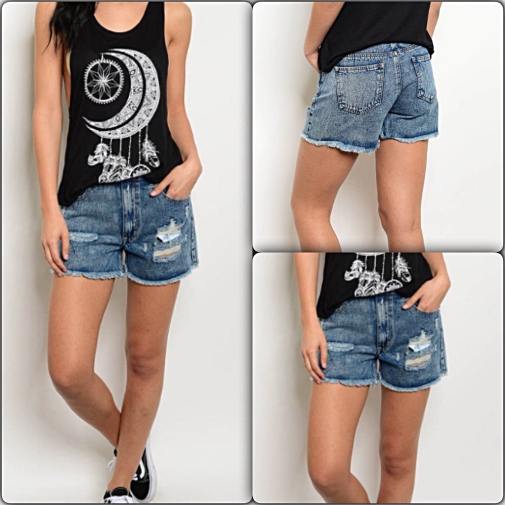 Acid Wash Distressed Denim Jean Short XS S NEW - Picture 4 of 5