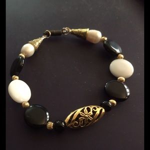 OOAK Black and White Onyx, pearls bracelet