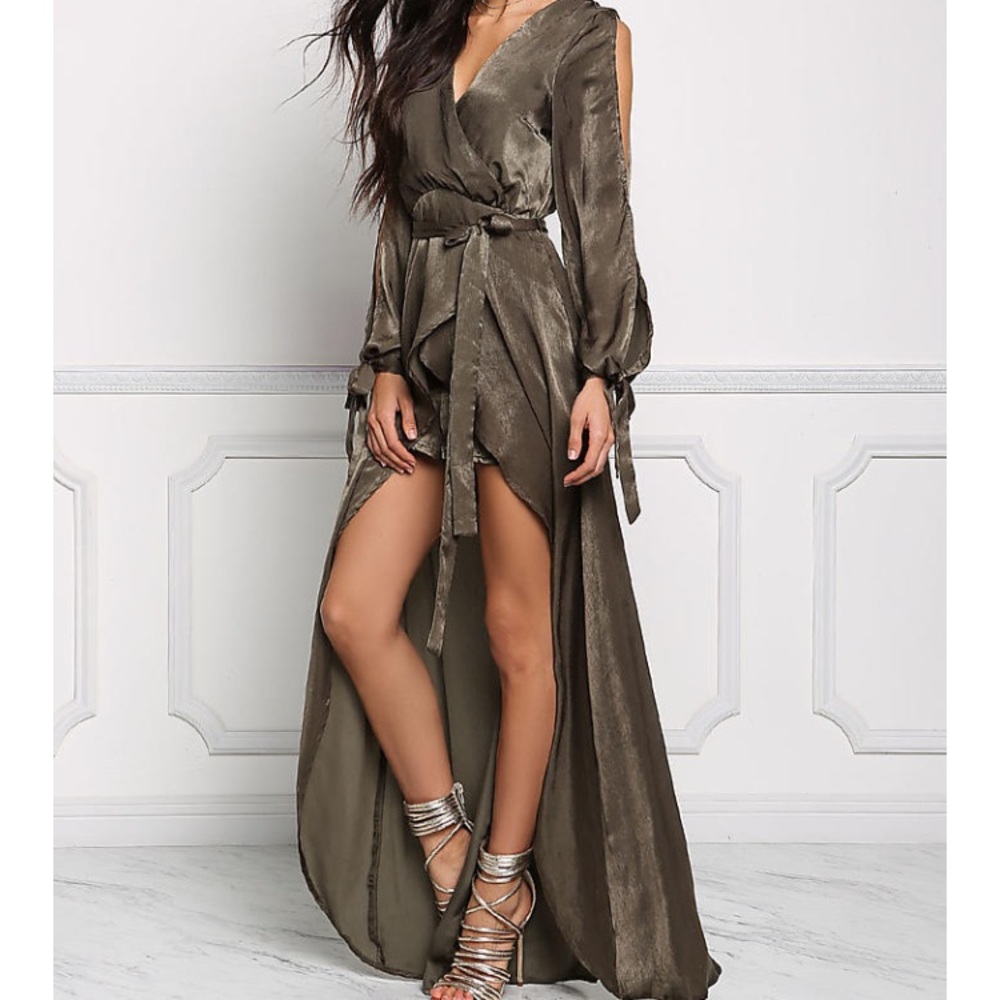 Olive Satin Arm Slit Faux Wrap Maxi Romper