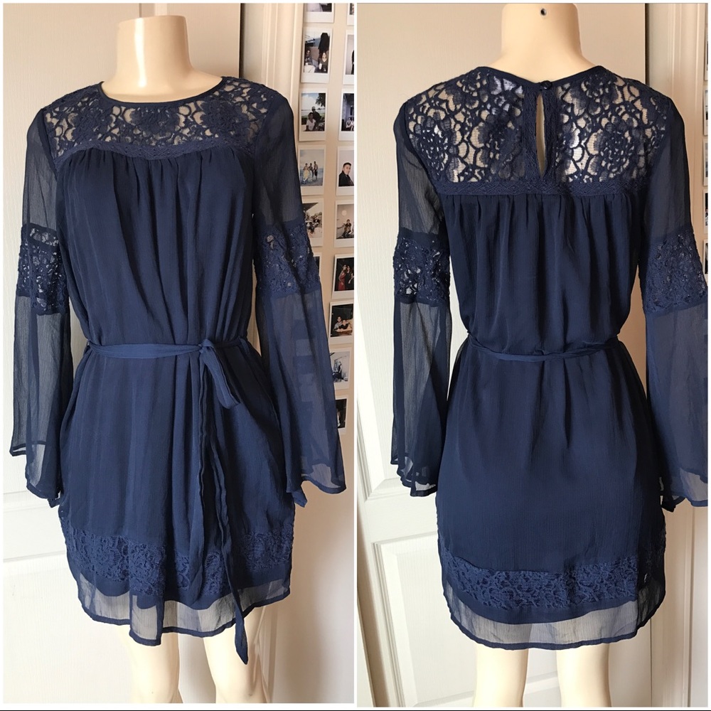 Navy Lace and Chiffon Bell Sleeve Dress