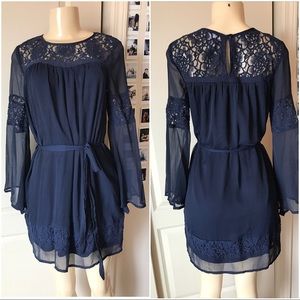 Navy Lace and Chiffon Bell Sleeve Dress