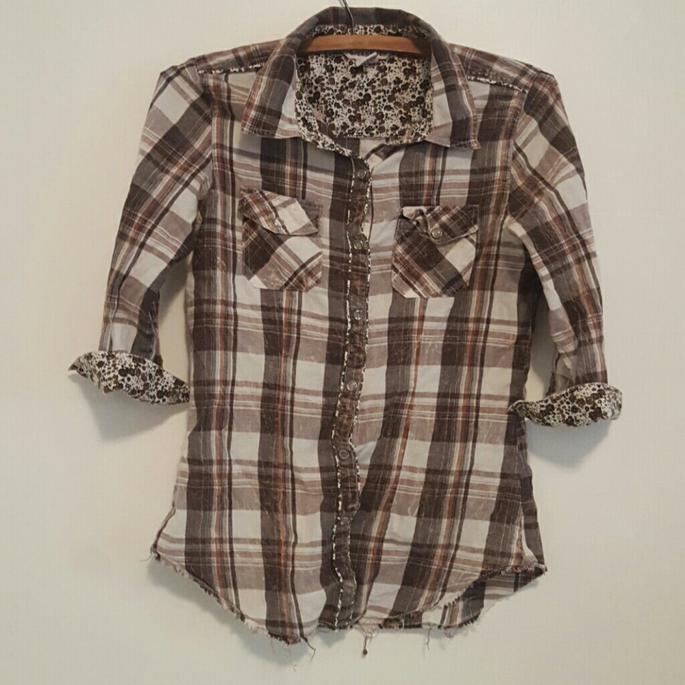 Brown plaid button up top