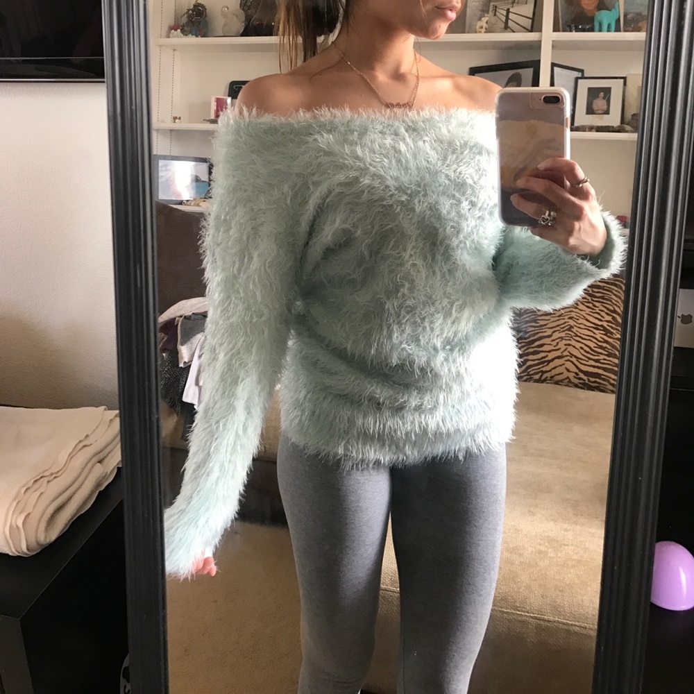 Off the shoulder fluffy sweater