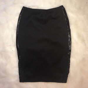 Bisou Bisou Skirts - Black Midi with Lace and Leather Details Bisou Bisou Skirts - Black Midi with Lace and Leather Details