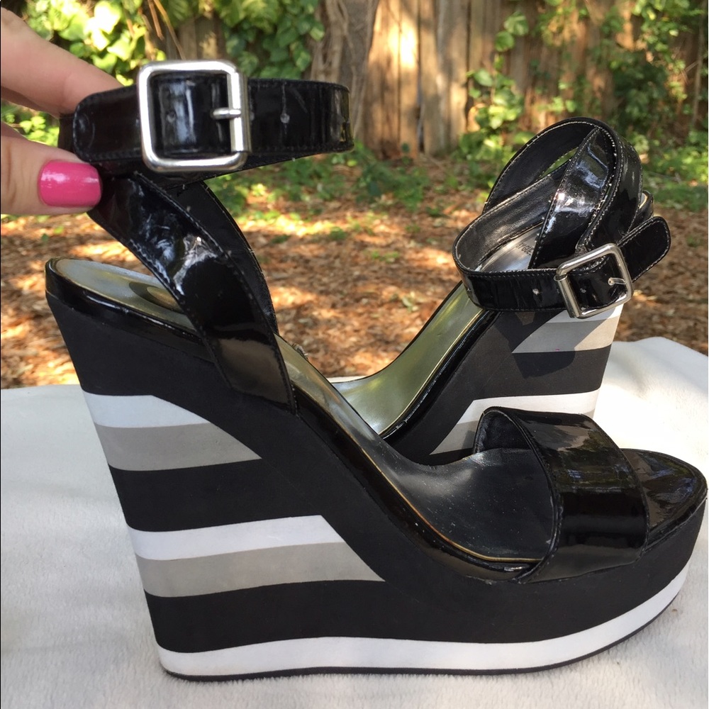 G by Guess Ankle strap wedges black white stripe