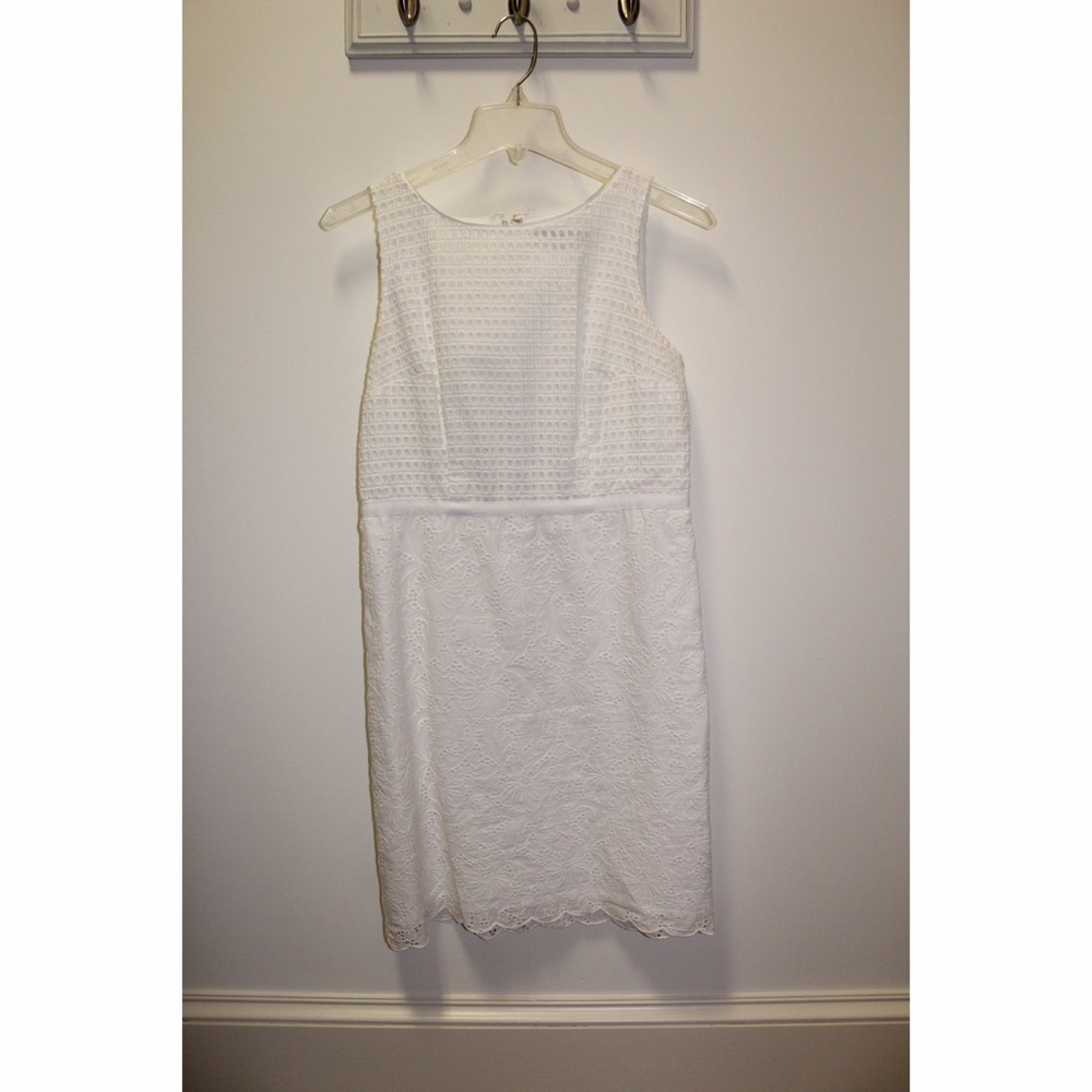 Ann Taylor Loft white patterned sleeveless dress.