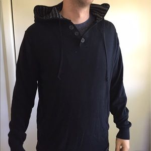 Navy blue woven hoodie with patterned hood