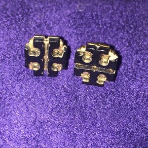 Tory Burch black logo studs with jewelry bag
