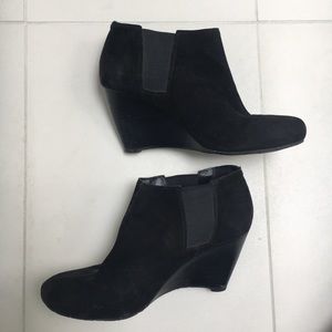 BCBG "Maxine" black suede wedge booties