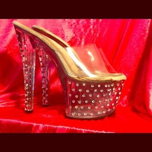 Clear bejeweled Pleaser platform strapless heels