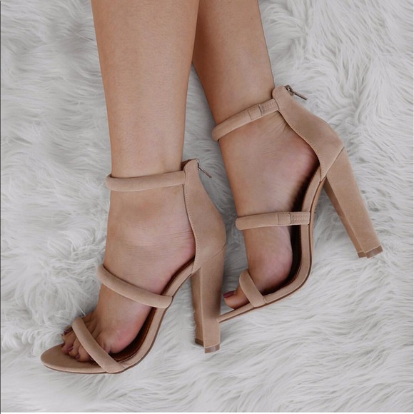 Nude Faux Suede Triple Strap Chunky Heels - Picture 2 of 2