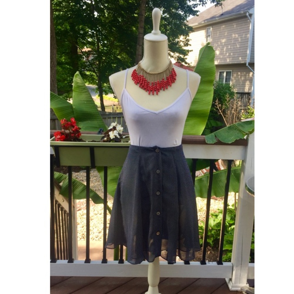 DKNY Button Down Navy Blue & White Polka Dot Skirt