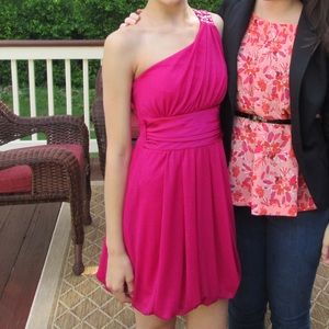 One shoulder pink semi formal dress.