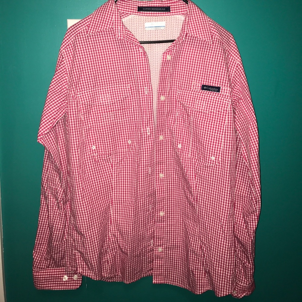 Hot pink and white checked Columbia fishing shirt!