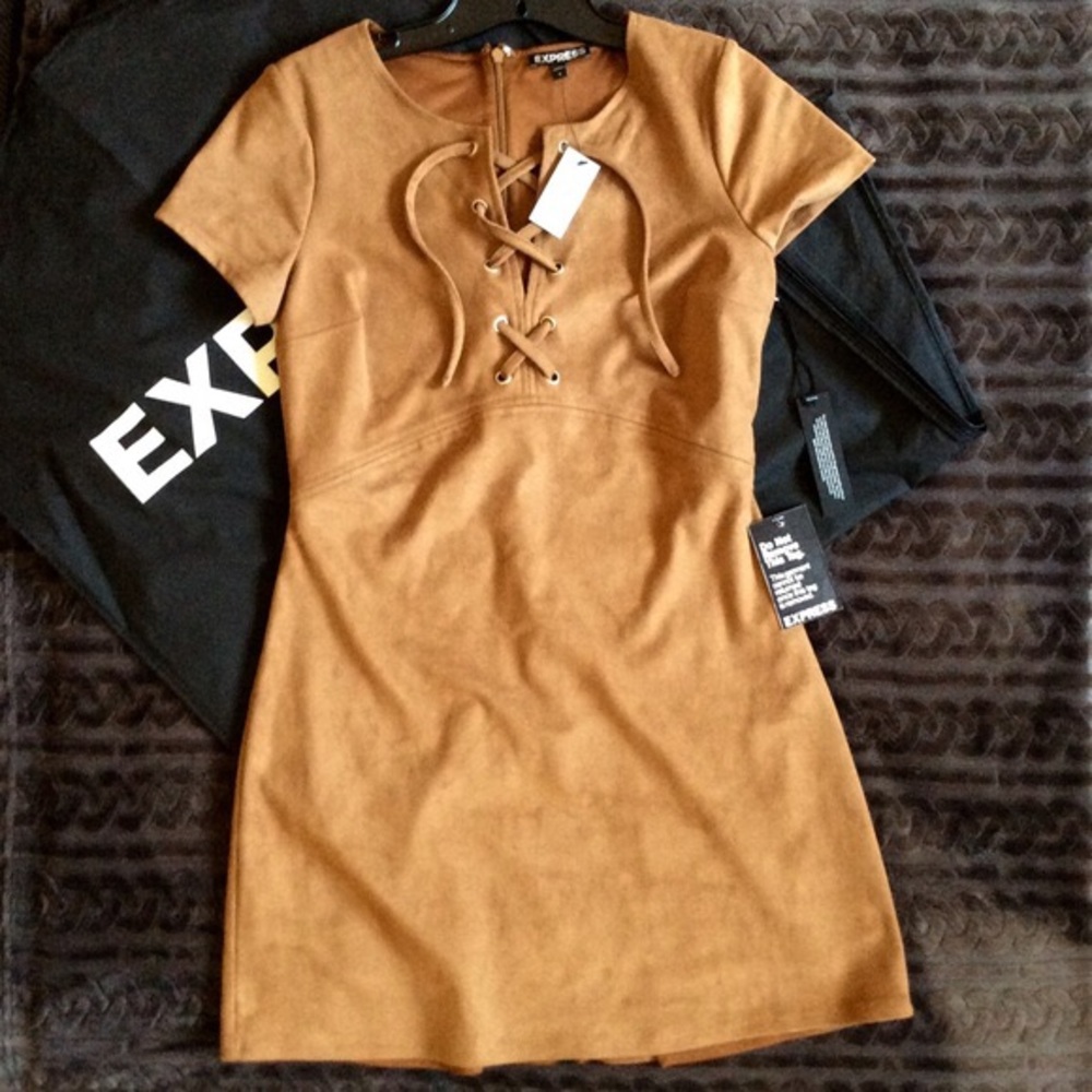Express Camel Colored Suede Dress w lace-up detail