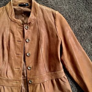 Tan Leather Jacket Petite Medium PM, Peplum Ruffle