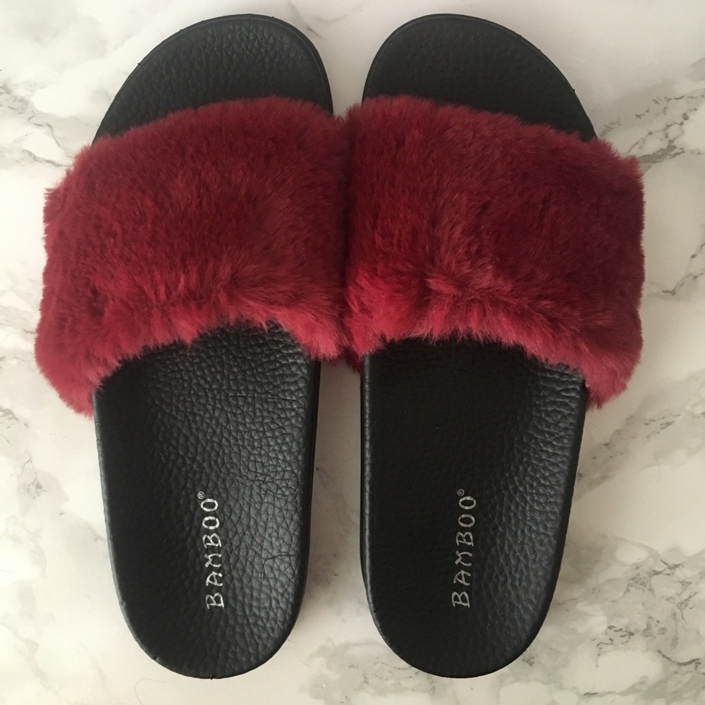 Burgundy Furry Slides