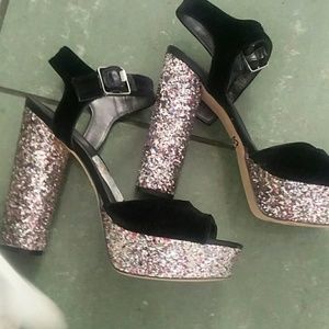 Silver sequin open toe heels