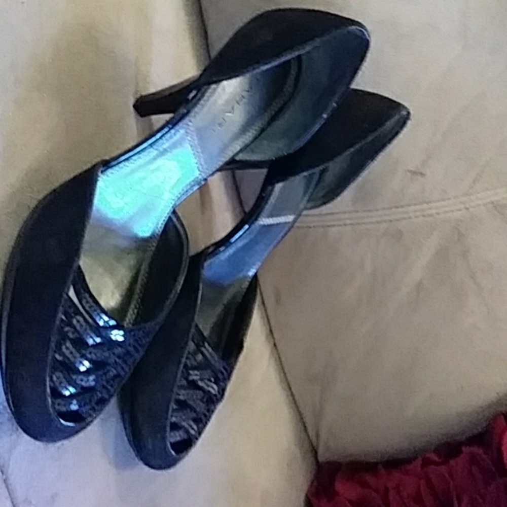 Womens pumps Black suede/ sequin lattice top