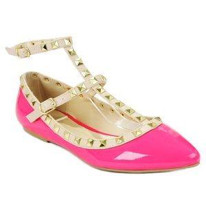 Neon Pink Studded Pointed Toe Ballet Flat Shoes