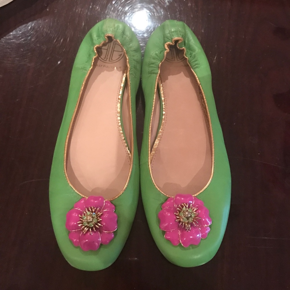 Lilly Pulitzer green + pink leather ballet flats