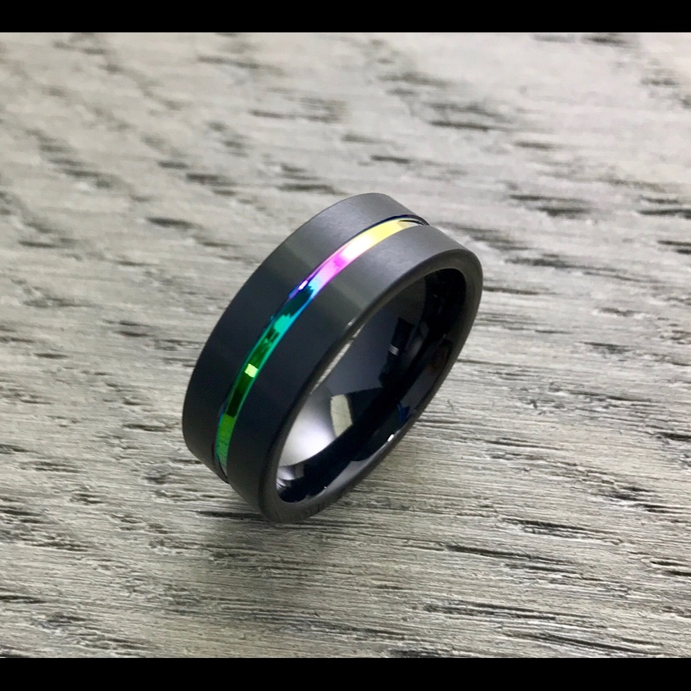 Black rainbow tungsten ring