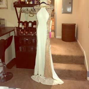White and silver and nude prom dress