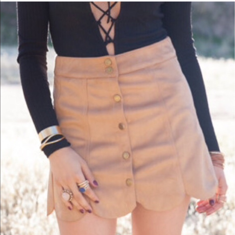 Faux suede scalloped button down skirt in camel