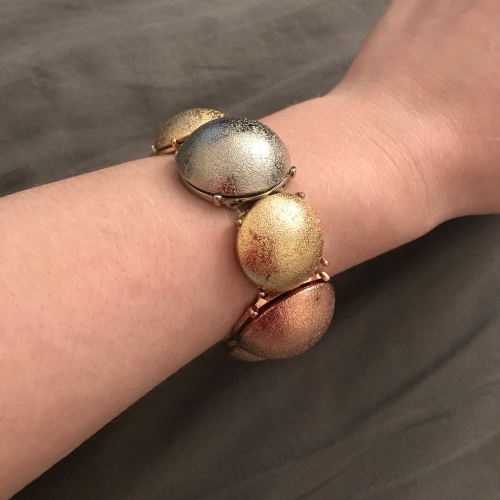Stretchy gold, rose gold and silver bracelet