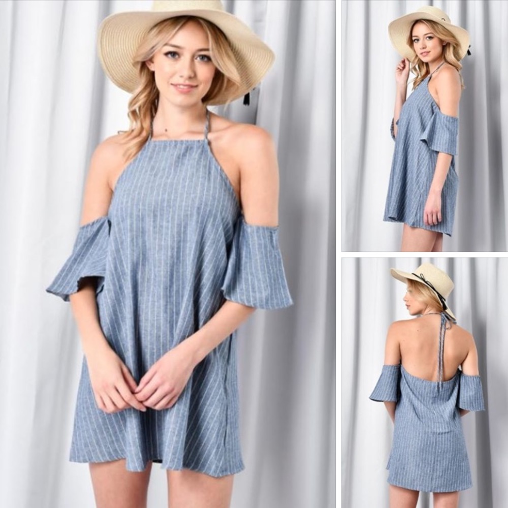 Denim Stripe Dress with Cold Shoulders Halter top