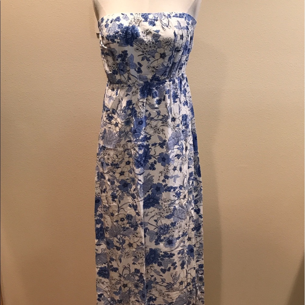 Strapless blue floral maxi dress!