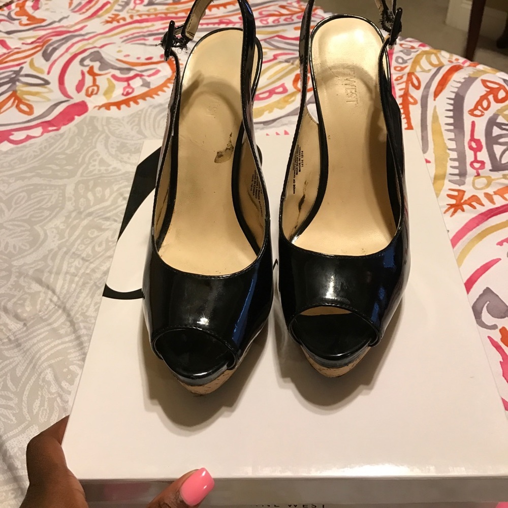 Black patent sling sandal