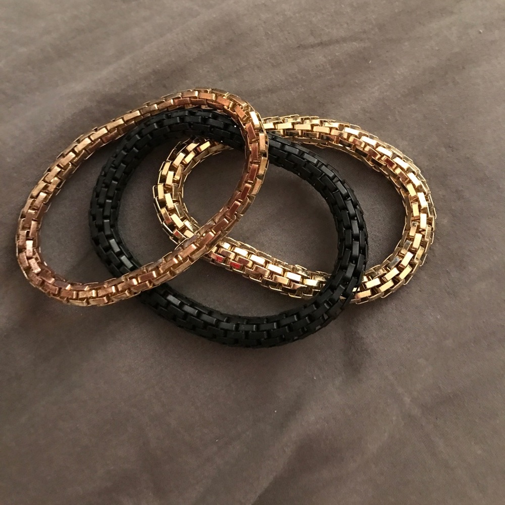 Gold, rose gold, and black bracelet set