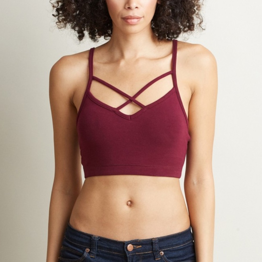 LAST TWO NWOT Wine Strappy Criss Cross Caged Bra Crop Top - Picture 2 of 7