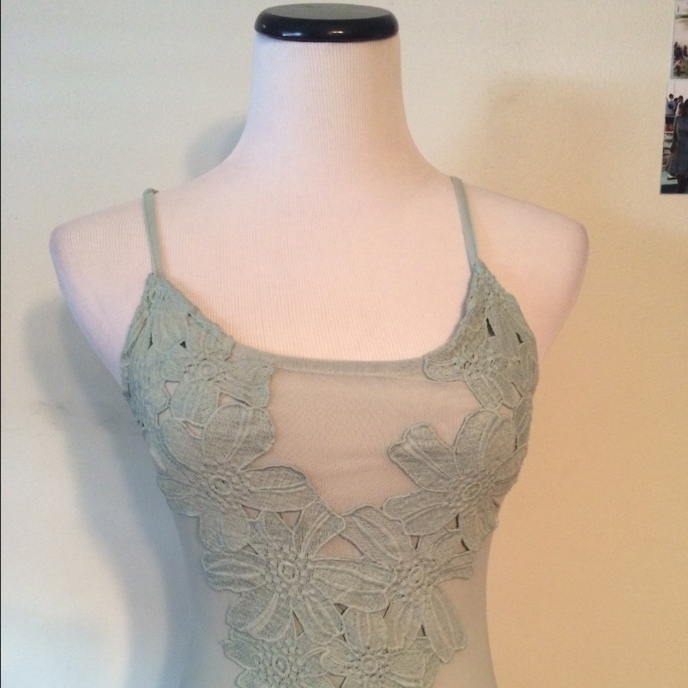 Aqua embroidered sheer bodysuit M