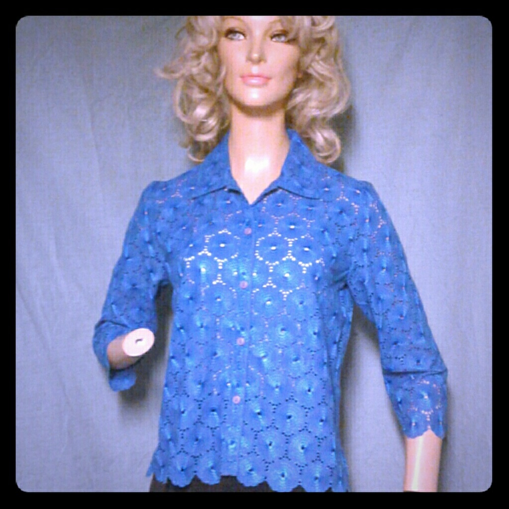 Liz Claiborne Lacy Embroidered Blue Blouse