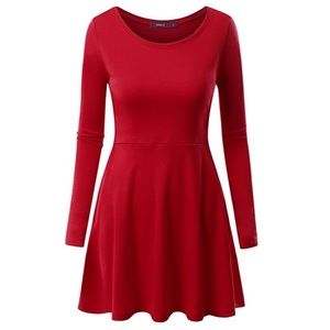 Red Round Neck Long Sleeve Tunic Skater Dress