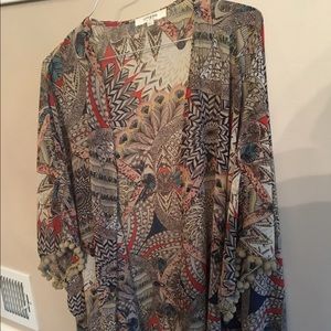 Printed kimono with Pom-poms on sleeves!