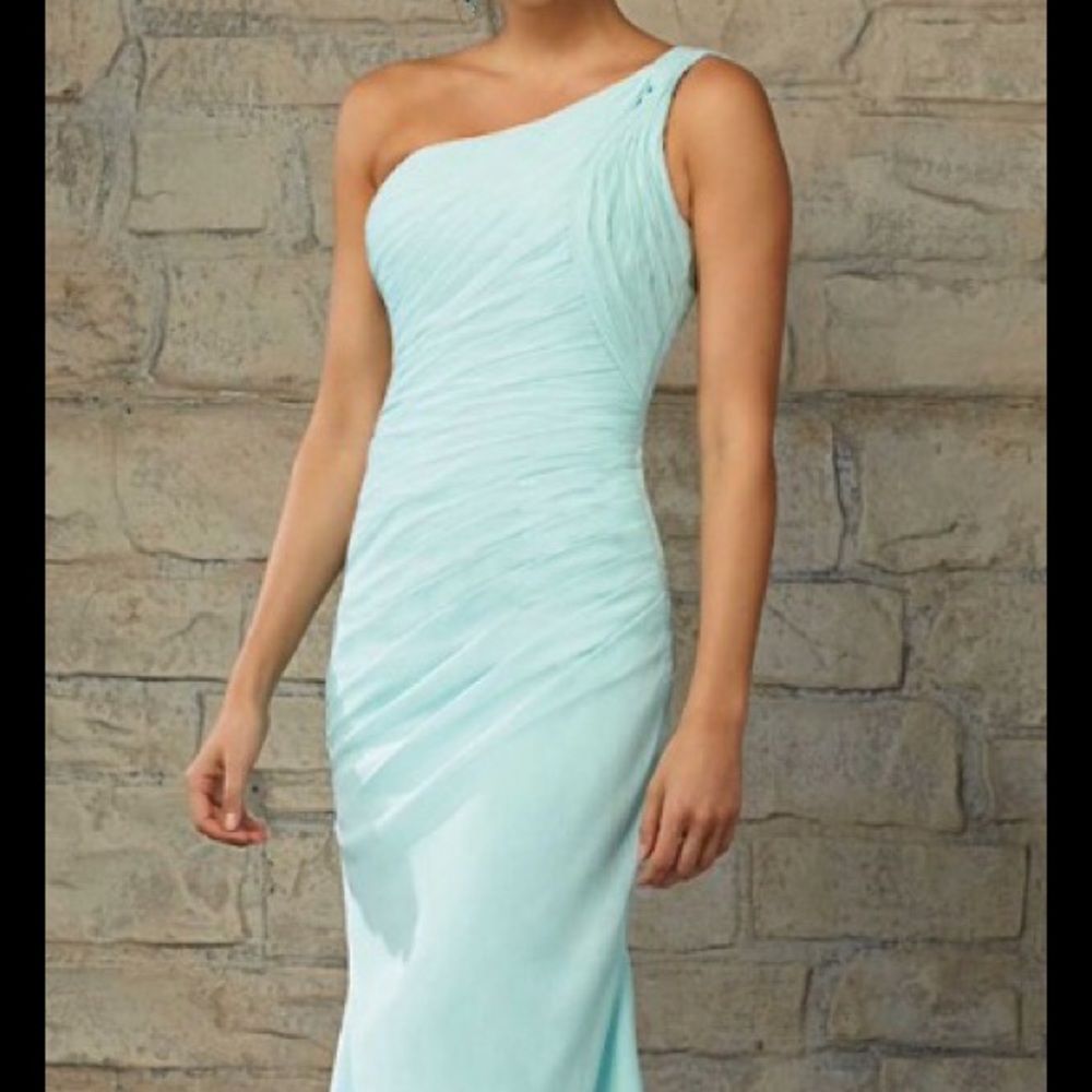 Mori Lee shoulder chiffon floor length dress