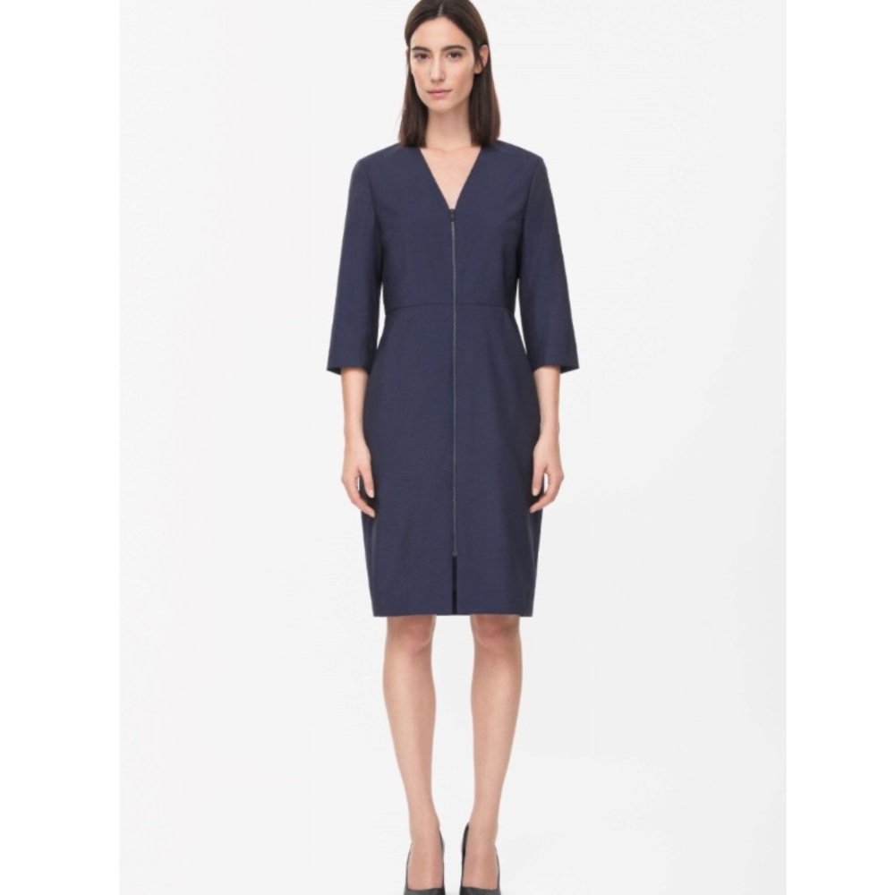 NWT COS Zip-Up Wool Dress in Dark Blue