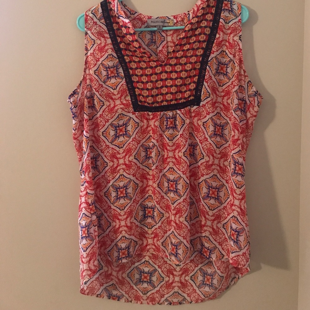 Red patterned shirt with navy detailing