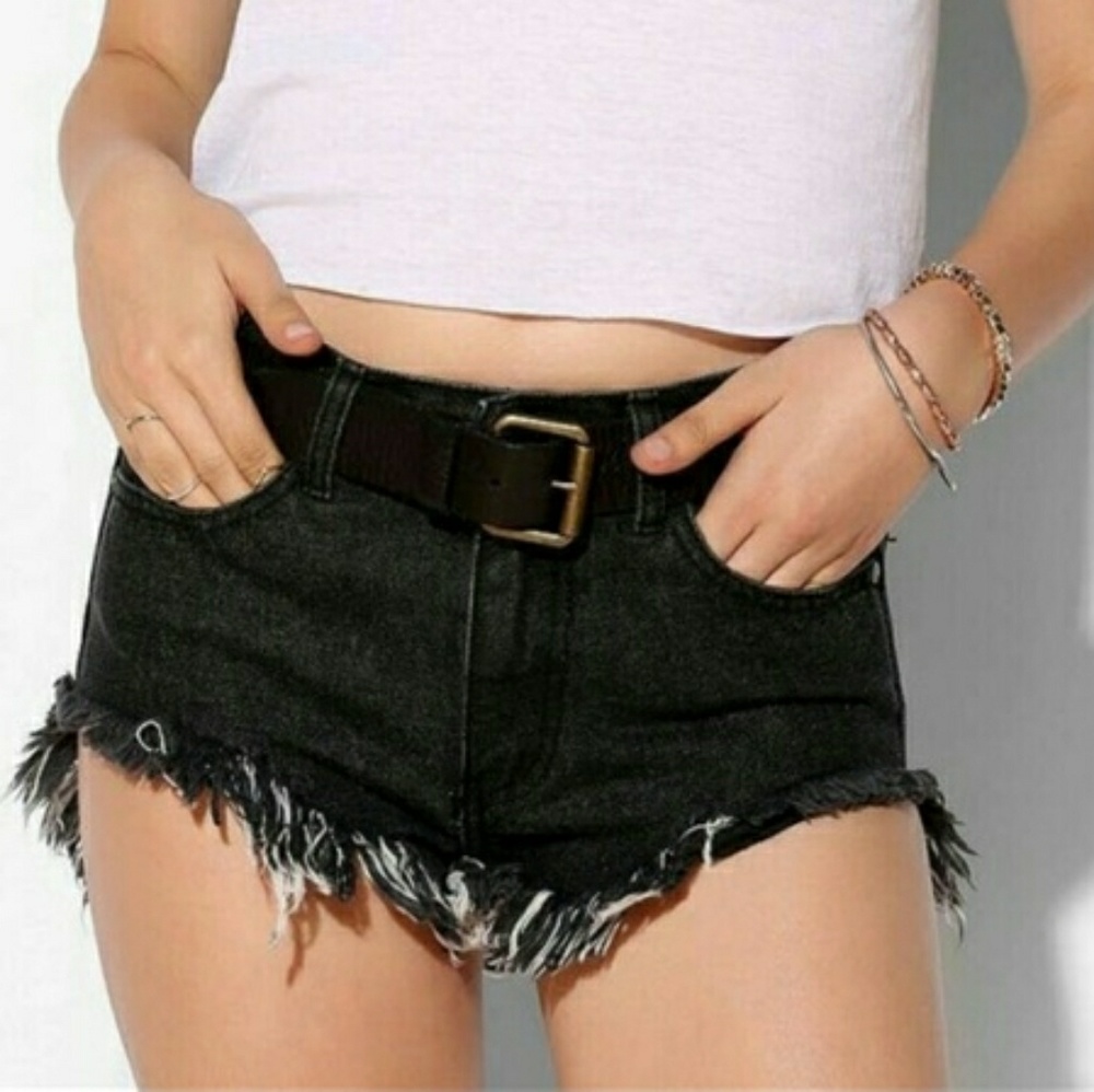 UO Frayed Cutout Denim Shorts