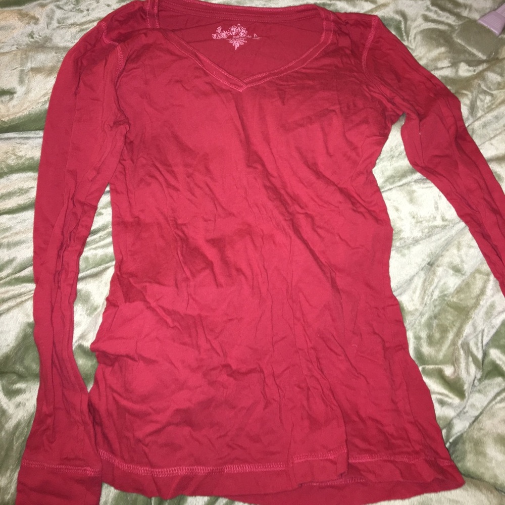 Red V Neck Long Sleeve Shirt