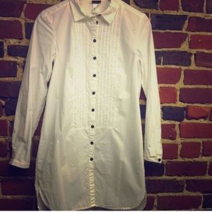 White Accordion Detailed Tuxedo Shirt Dress