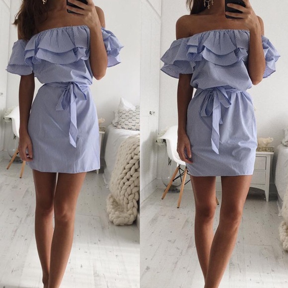 Blue Off Shoulder striped Shirt Dress - Picture 2 of 5