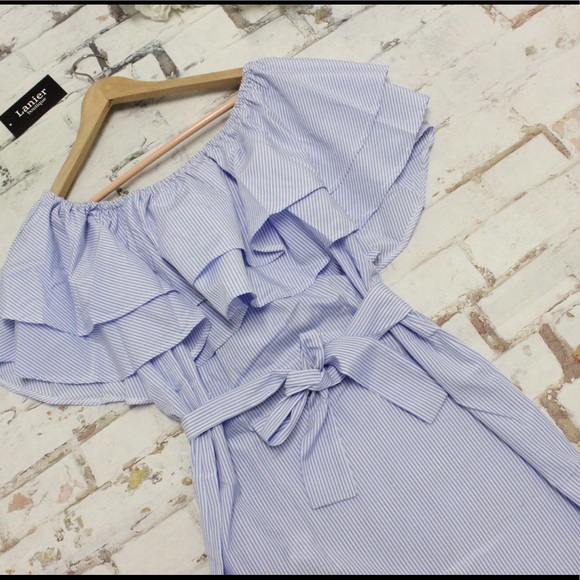 Blue Off Shoulder striped Shirt Dress - Picture 3 of 5