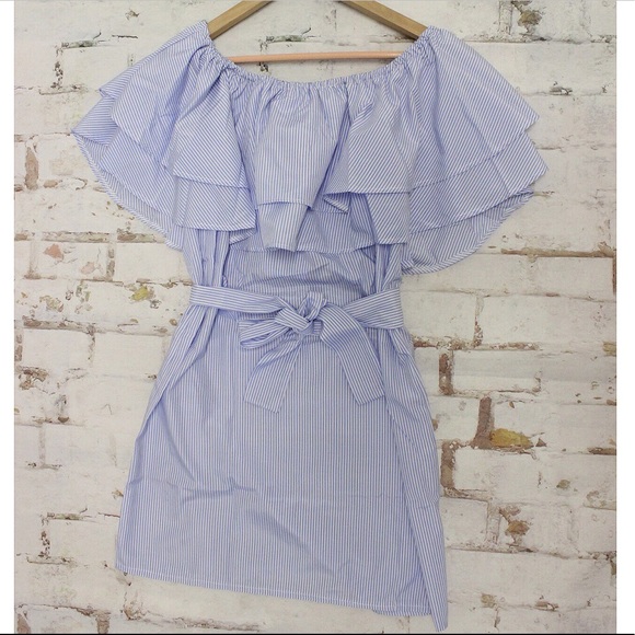 Blue Off Shoulder striped Shirt Dress - Picture 4 of 5