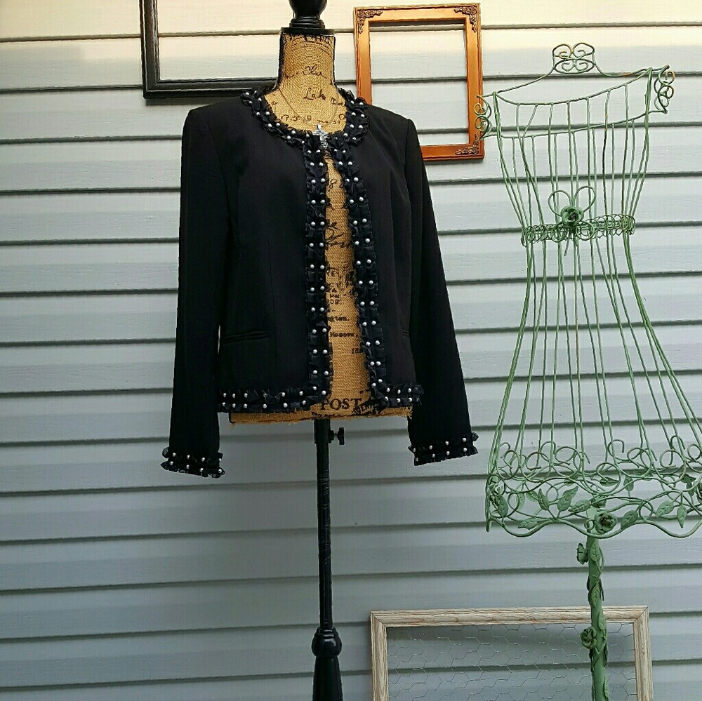 Black blazer with ruffles & faux pearl trim SZ 14
